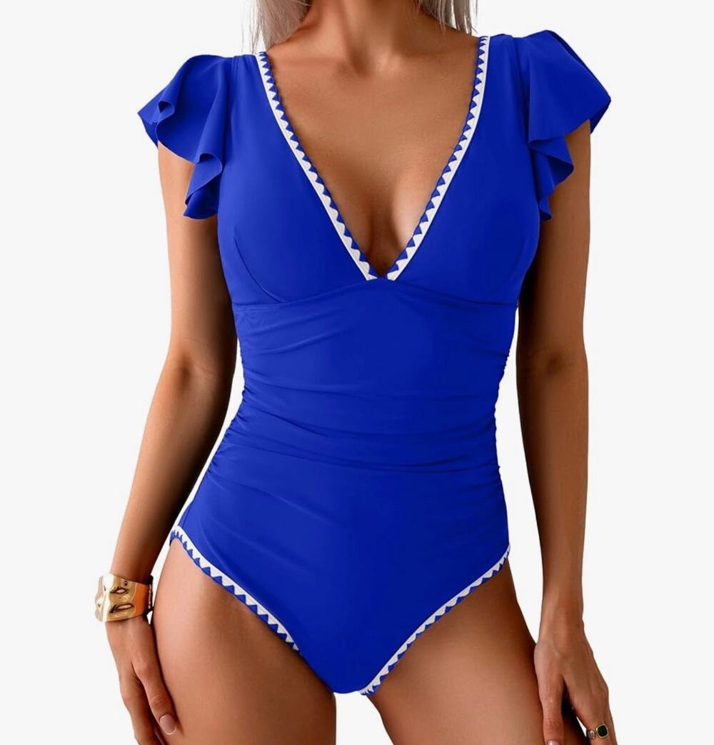 Aidonger Women’s One Piece Swimsuit Royal Blue V Neck Ruffle Tummy Control